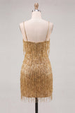 Gold Bodycon Spaghetti Straps Sequins Homecoming Dress with Fringes