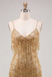 Gold Bodycon Spaghetti Straps Sequins Homecoming Dress with Fringes
