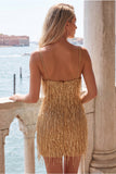 Gold Bodycon Spaghetti Straps Sequins Homecoming Dress with Fringes