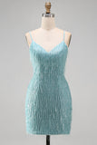 Gold Bodycon Spaghetti Straps Sequins Homecoming Dress with Fringes