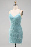 Gold Bodycon Spaghetti Straps Sequins Homecoming Dress with Fringes
