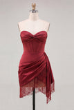 Burgundy Bodycon Sweetheart Corset Ruched Fringed Lace Up Back Homecoming Dress