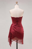 Burgundy Bodycon Sweetheart Corset Ruched Fringed Lace Up Back Homecoming Dress
