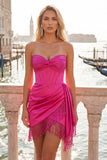 Burgundy Bodycon Sweetheart Corset Ruched Fringed Lace Up Back Homecoming Dress