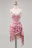 Pink Bodycon Corset Ruched Fringed Beaded Short Homecoming Dress with Sash