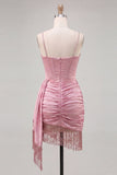 Pink Bodycon Corset Ruched Fringed Beaded Short Homecoming Dress with Sash