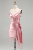 Pink Bodycon Corset Ruched Fringed Beaded Short Homecoming Dress with Sash