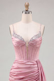 Pink Bodycon Corset Ruched Fringed Beaded Short Homecoming Dress with Sash
