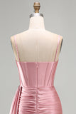 Pink Bodycon Corset Ruched Fringed Beaded Short Homecoming Dress with Sash