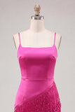 Satin Fuchsia Bodycon Spaghetti Straps Short Homecoming Dress with Fringes