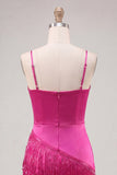 Satin Fuchsia Bodycon Spaghetti Straps Short Homecoming Dress with Fringes