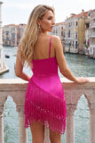 Satin Fuchsia Bodycon Spaghetti Straps Short Homecoming Dress with Fringes