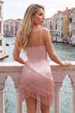 Satin Fuchsia Bodycon Spaghetti Straps Short Homecoming Dress with Fringes