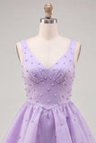 Lilac A-Line Tiered V-Neck Pearl Short Homecoming Dress with Lace Up Back
