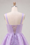 Lilac A-Line Tiered V-Neck Pearl Short Homecoming Dress with Lace Up Back