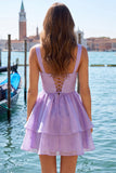 Lilac A-Line Tiered V-Neck Pearl Short Homecoming Dress with Lace Up Back