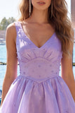 Lilac A-Line Tiered V-Neck Pearl Short Homecoming Dress with Lace Up Back