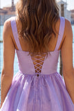 Lilac A-Line Tiered V-Neck Pearl Short Homecoming Dress with Lace Up Back