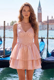 Lilac A-Line Tiered V-Neck Pearl Short Homecoming Dress with Lace Up Back