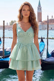Lilac A-Line Tiered V-Neck Pearl Short Homecoming Dress with Lace Up Back