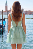 Lilac A-Line Tiered V-Neck Pearl Short Homecoming Dress with Lace Up Back