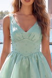 Lilac A-Line Tiered V-Neck Pearl Short Homecoming Dress with Lace Up Back