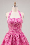 A-Line Fuchsia Halter Neck Jacquard Floral Short Homecoming Dress