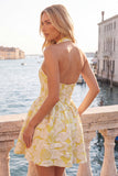 A-Line Fuchsia Halter Neck Jacquard Floral Short Homecoming Dress