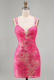 Fuchsia Bodycon Spaghetti Straps Floral Short Homecoming Dress with Beading