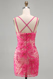 Fuchsia Bodycon Spaghetti Straps Floral Short Homecoming Dress with Beading