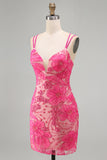 Fuchsia Bodycon Spaghetti Straps Floral Short Homecoming Dress with Beading