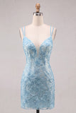 Light Blue Bodycon Spaghetti Straps Floral Short Homecoming Dress with Beading