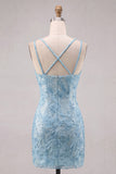Light Blue Bodycon Spaghetti Straps Floral Short Homecoming Dress with Beading