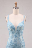 Light Blue Bodycon Spaghetti Straps Floral Short Homecoming Dress with Beading