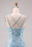 Light Blue Bodycon Spaghetti Straps Floral Short Homecoming Dress with Beading