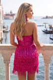 Pink and Yellow Strapless Sequins Bodycon Homecoming Dress with Fringes
