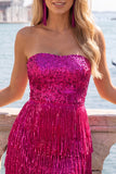 Pink and Yellow Strapless Sequins Bodycon Homecoming Dress with Fringes