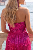 Pink and Yellow Strapless Sequins Bodycon Homecoming Dress with Fringes