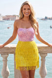 Pink and Yellow Strapless Sequins Bodycon Homecoming Dress with Fringes