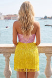 Pink and Yellow Strapless Sequins Bodycon Homecoming Dress with Fringes