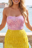 Pink and Yellow Strapless Sequins Bodycon Homecoming Dress with Fringes