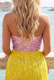Pink and Yellow Strapless Sequins Bodycon Homecoming Dress with Fringes
