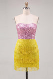 Pink and Yellow Strapless Sequins Bodycon Homecoming Dress with Fringes