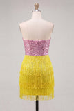 Pink and Yellow Strapless Sequins Bodycon Homecoming Dress with Fringes