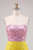 Pink and Yellow Strapless Sequins Bodycon Homecoming Dress with Fringes