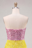 Pink and Yellow Strapless Sequins Bodycon Homecoming Dress with Fringes