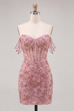 Pearl Off the Shoulder Pink Corset Floral Homecoming Dress with Sequins