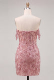 Pearl Off the Shoulder Pink Corset Floral Homecoming Dress with Sequins
