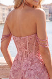 Pearl Off the Shoulder Pink Corset Floral Homecoming Dress with Sequins
