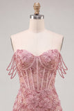 Pearl Off the Shoulder Pink Corset Floral Homecoming Dress with Sequins